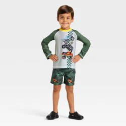 Toddler Boys' Monster Jam Long Sleeve Rash Guard Set - Olive Green 2T
