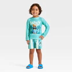 Toddler Boys' Bluey Long Sleeve 2PC Rash Guard Swim Set - Blue 18M