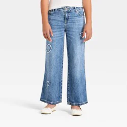 Girls' Distressed Heart Wide Leg Jeans - Cat & Jack™ Dark Wash 8