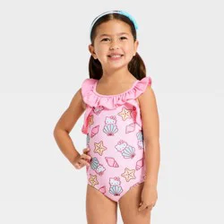 Sanrio Toddler Girls' Hello Kitty Seashell Printed Ruffle One Piece Swimsuit - Pink 5T
