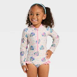 Baby Girls' Disney Long Sleeve Minnie Mouse Sprinkle Printed One Piece Rash Guard - White 12M