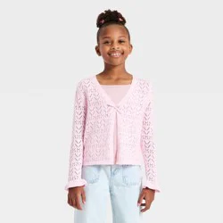 Girls' Pointelle Open Cardigan Sweater - Cat & Jack™ Light Pink L