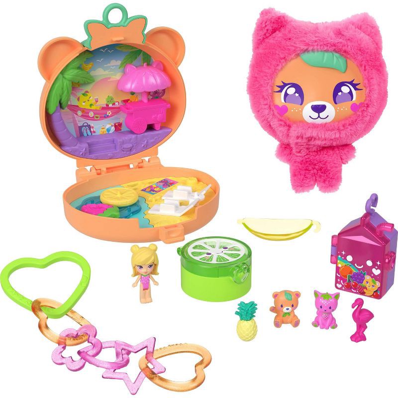 slide 1 of 6, Polly Pocket Plushie Bear Compact, Doll & Keychain Playset with Pets, Fruit Themed Accessories, 1 ct