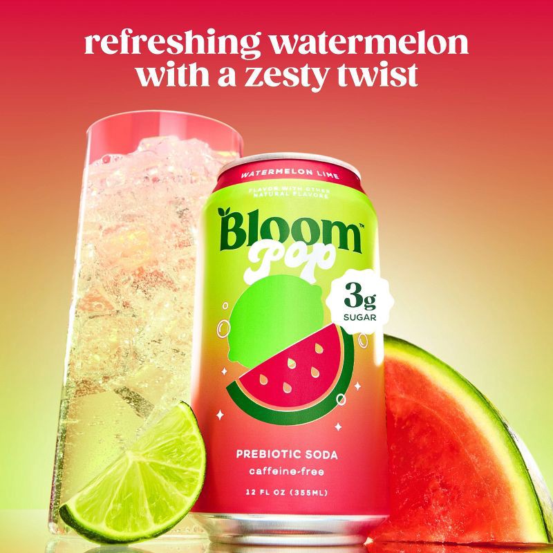 slide 2 of 8, BLOOM NUTRITION Bloom Pop Prebiotic Soda - Watermelon Lime - 12 fl oz Can, 12 fl oz