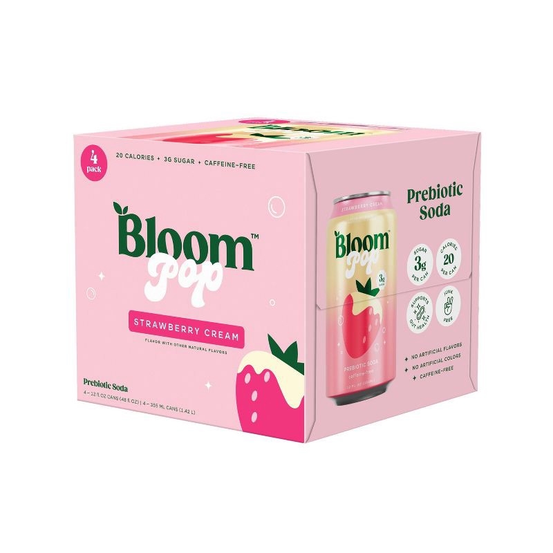 slide 1 of 7, BLOOM NUTRITION Bloom Pop Prebiotic Soda - Strawberry Cream - 4pk/12 fl oz Cans, 4 ct; 12 fl oz