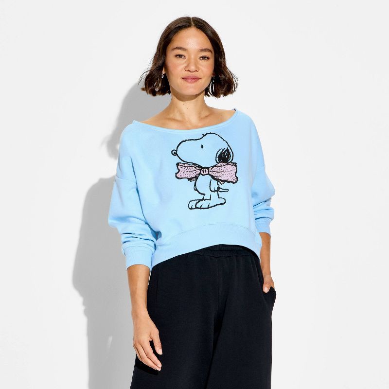 slide 2 of 3, Peanuts Women's Snoopy Bow Graphic Pullover Sweatshirt - Blue XS, 1 ct