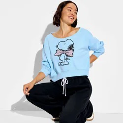 Peanuts Women's Snoopy Bow Graphic Pullover Sweatshirt - Blue XS