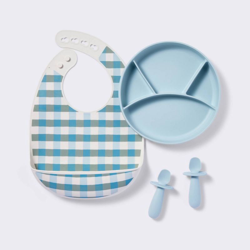 slide 1 of 3, Mealtime Giftset - 4pc - Blue - Cloud Island™: Silicone, Solid Pattern, BPA-Free, 4 ct