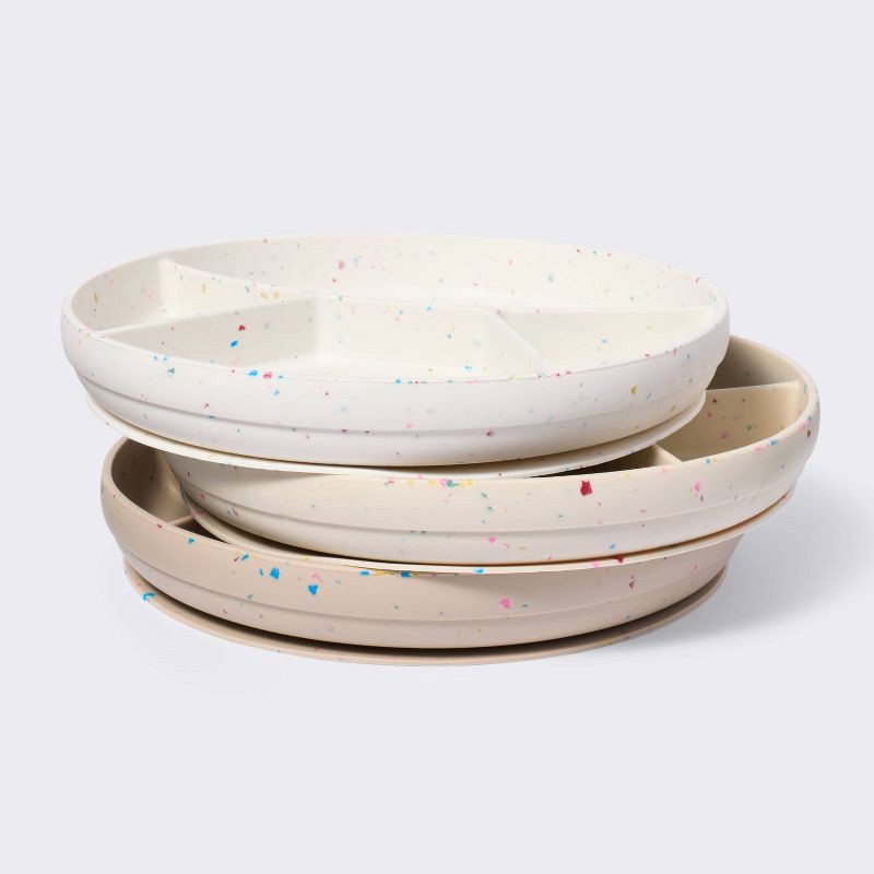 slide 1 of 4, Silicone Suction Divided Plates - 3pk - Confetti - Cloud Island™: Round, Solid Pattern, BPA-Free, Service For 3, 3 ct