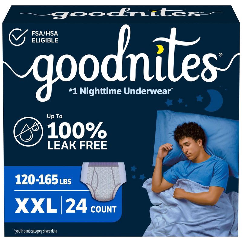 slide 1 of 14, Goodnites Boys' Nighttime Bedwetting Disposable Underwear -Size XXL - 24ct: 120 to 175 Lbs, Wood Fluff Pulp, 24 ct, 175 lb