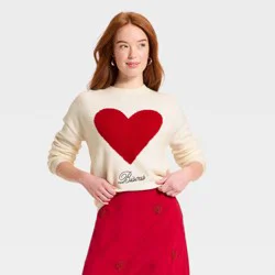 Women's Valentine's Pullover Heart Sweater - A New Day™ Cream S