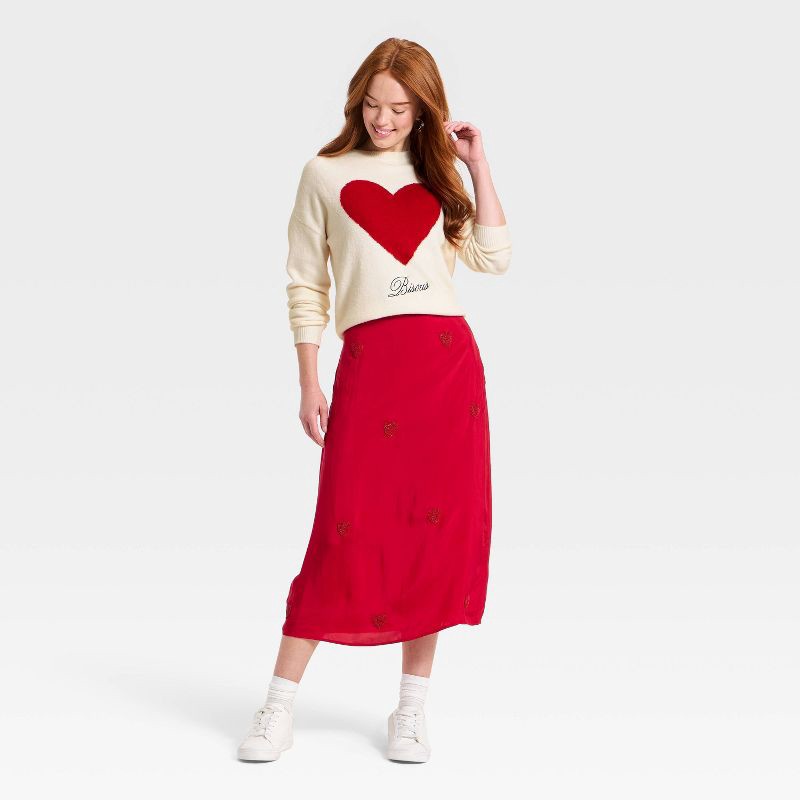 slide 3 of 3, Women's Valentine's Pullover Heart Sweater - A New Day™ Cream L, 1 ct