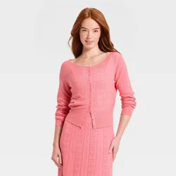 Women's Valentine's Long Sleeve Pointelle Heart Cardigan - A New Day™ Pink XL