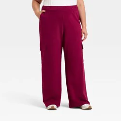 Women's High-Rise French Terry Wide Leg Cargo Pants - Ava & Viv™ Burgundy 2X