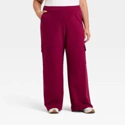 Women's High-Rise French Terry Wide Leg Cargo Pants - Ava & Viv™ Burgundy 2X