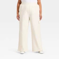 Women's High-Rise French Terry Wide Leg Cargo Pants - Ava & Viv™ Cream 2X