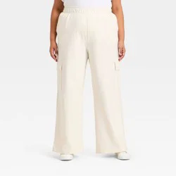 Women's High-Rise French Terry Wide Leg Cargo Pants - Ava & Viv™ Cream 3X