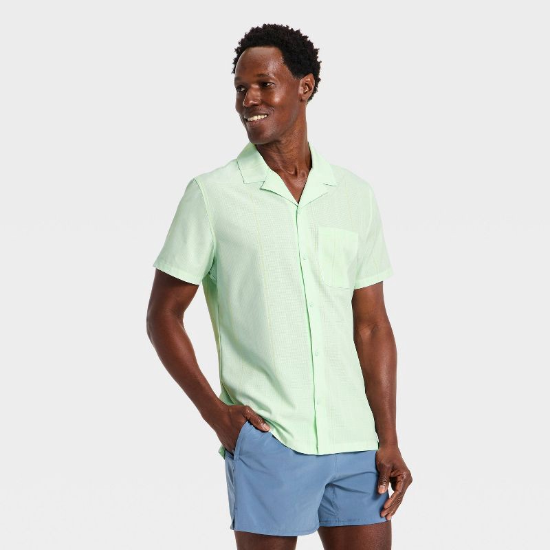 slide 1 of 3, Men's Short Sleeve Button Up Camp Collar Shirt- All In Motion™ Light Green L, 1 ct