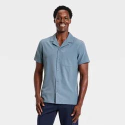 Men's Short Sleeve Button Up Camp Collar Shirt- All In Motion™ Blue M