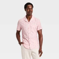 Men's Short Sleeve Button Up Camp Collar Shirt- All In Motion™ Pink M