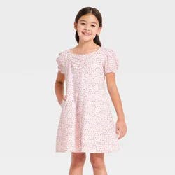 Girls' Puff Short Sleeve Woven Floral Dress - Cat & Jack™ Cream XS