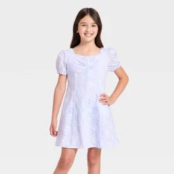Girls' Puff Short Sleeve Woven Eyelet Dress - Cat & Jack™ Pale Lavender M