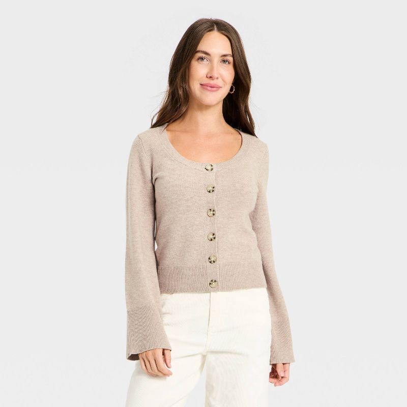 slide 1 of 3, Women's Button-Down Scoop Neck Cardigan Sweater - Universal Thread™ Taupe S, 1 ct