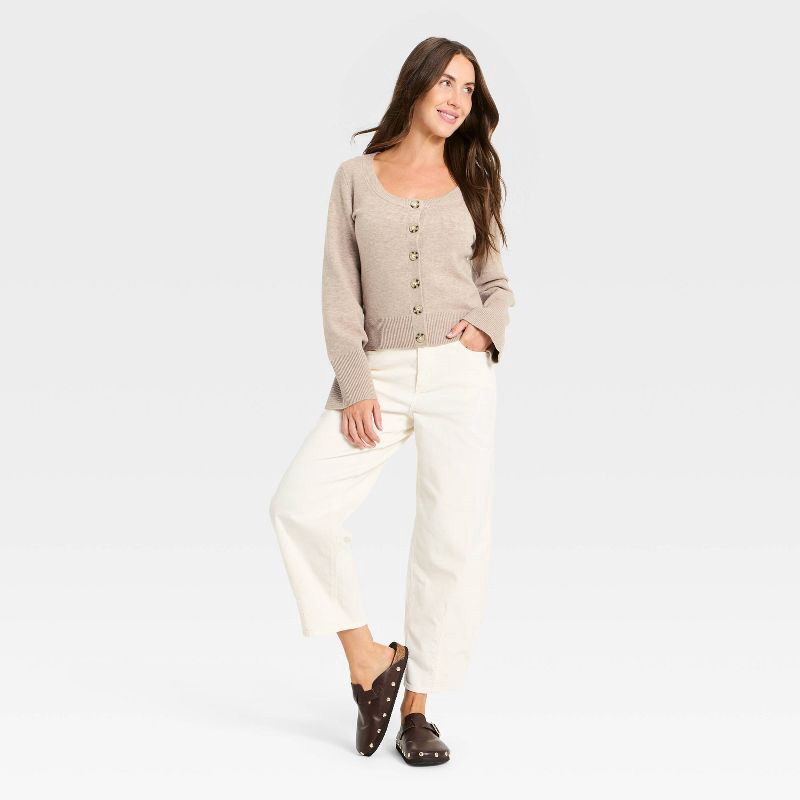 slide 3 of 3, Women's Button-Down Scoop Neck Cardigan Sweater - Universal Thread™ Taupe L, 1 ct
