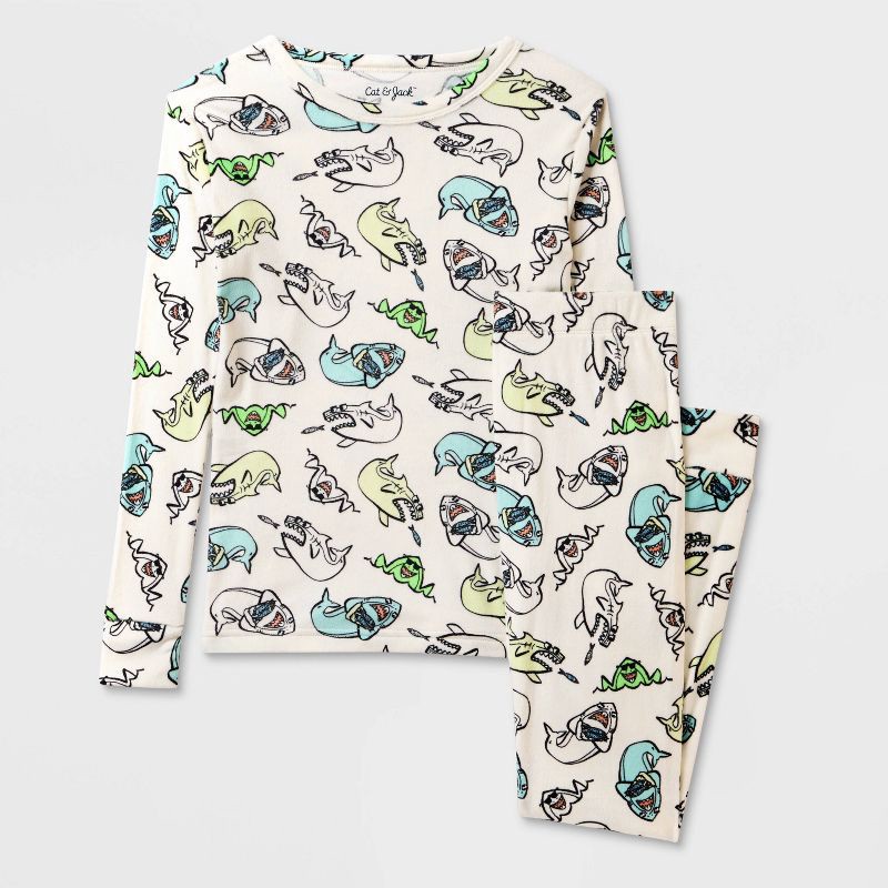 slide 1 of 3, Kids' 2pc Sharks Snuggly Soft Pajama Set - Cat & Jack™ Cream 12, 2 ct