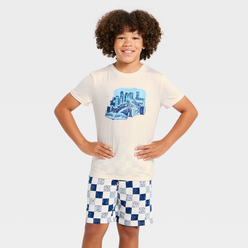 slide 3 of 4, Boys' 3pc Race Car Short Sleeve Pajama Set - Cat & Jack™ Cream/Blue S, 3 ct