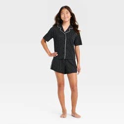 Girls' Heart Printed Button-Down Pajama Set - art class™ Black/White M