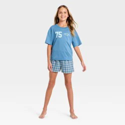 Girls' Athletic Graphic Boxer Shorts and T-Shirt Pajama Set - art class™ Blue S