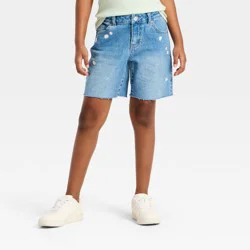 Girls' Mid-Rise Baggy Cutoff Daisy Embroidered Jean Shorts - Cat & Jack™ Medium Wash S