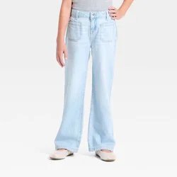 Girls' Mid-Rise Patch Pocket Wide Leg Jeans - Cat & Jack™ Light Wash 8