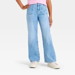 Girls' Mid-Rise Patch Pocket Wide Leg Jeans - Cat & Jack™ Medium Wash 10