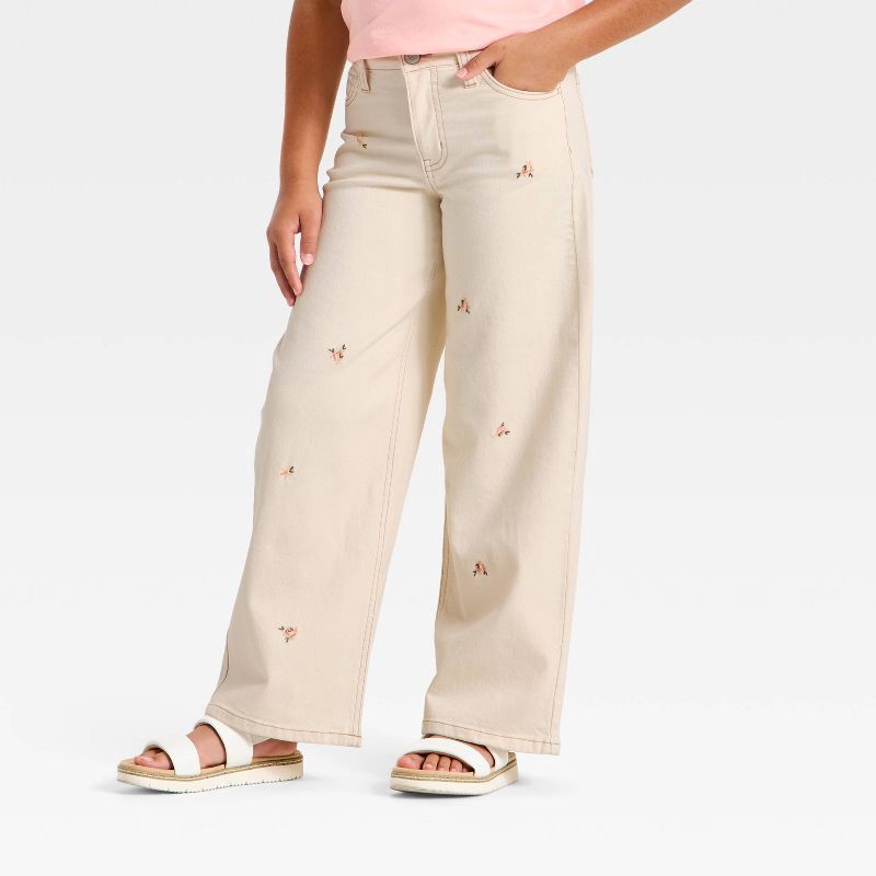 slide 1 of 4, Girls' Wide Leg Floral Jeans - Cat & Jack™ Cream 7, 1 ct