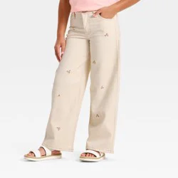 Girls' Wide Leg Floral Jeans - Cat & Jack™ Cream 7