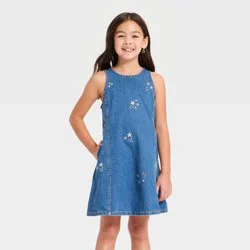 Girls' Embroidered Denim Shift Dress - Cat & Jack™ Medium Wash XL