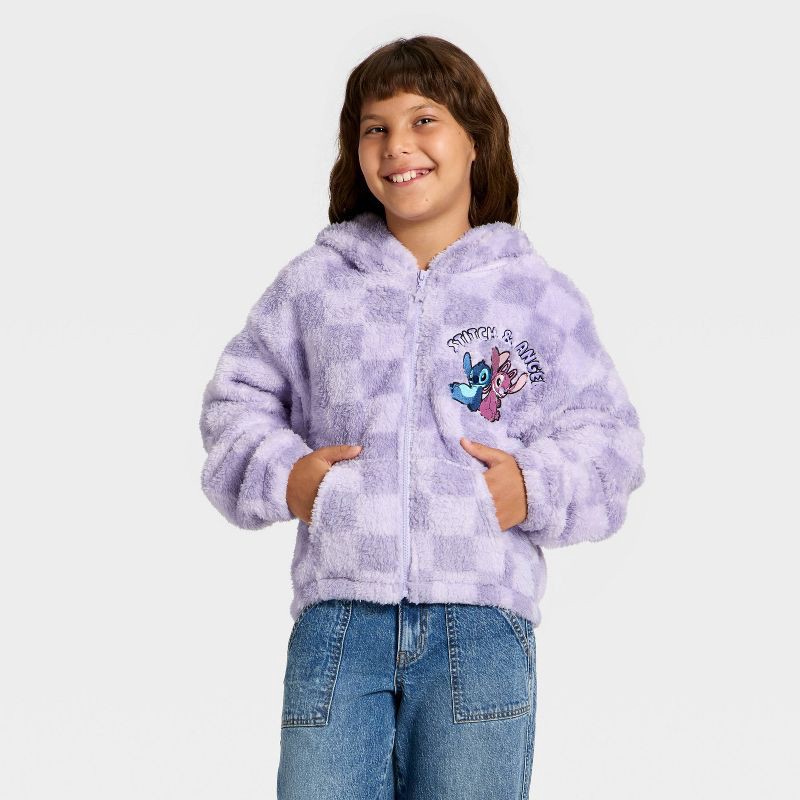slide 1 of 4, Lilo & Stitch Girls' Stitch and Angel Woobie Fleece Hooded Zip-Up Sweatshirt - Purple XS, 1 ct