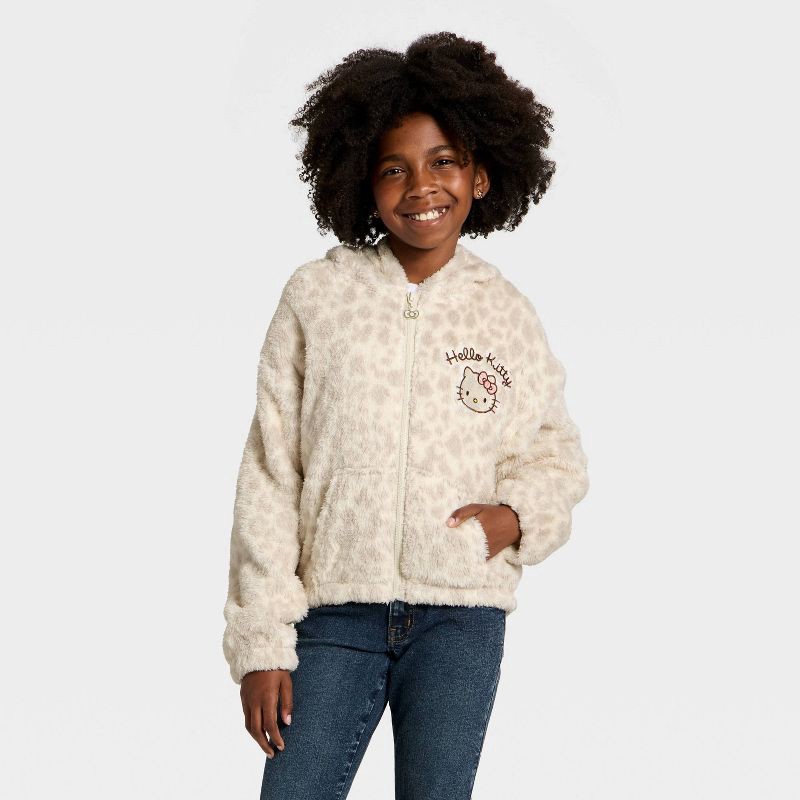 slide 1 of 4, Girls' Hello Kitty Woobie Fleece Hooded Zip-Up Sweatshirt - Ivory L, 1 ct