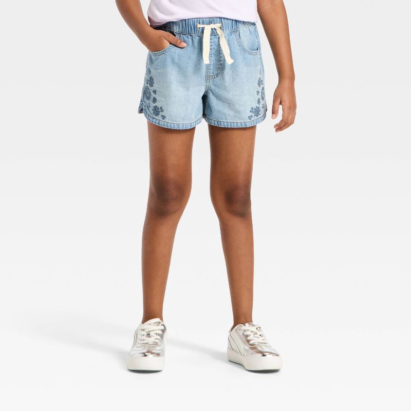 slide 1 of 4, Girls' Mid-Rise Embroidered Dolphin Hem Jean Shorts - Cat & Jack™ Medium Wash XL, 1 ct