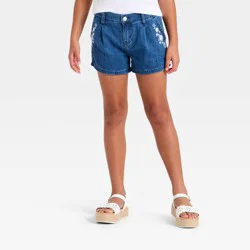 Girls' Mid-Rise Floral Embroidered Pocket Jean Shorts - Cat & Jack™ Dark Wash XL