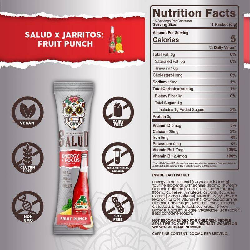 slide 4 of 6, Salud Energy + Focus Jarritos Fruit Punch Electrolyte Drink Mix - 6pk/0.21oz Packet Sticks, 6 ct, 0.21 oz