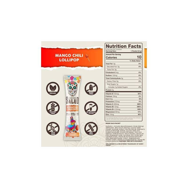 slide 4 of 6, Salud Hydration + Immunity Mango Chili Lollipop Electrolyte Drink Mix - 6pk/0.21oz Sticks, 6 ct, 0.21 oz
