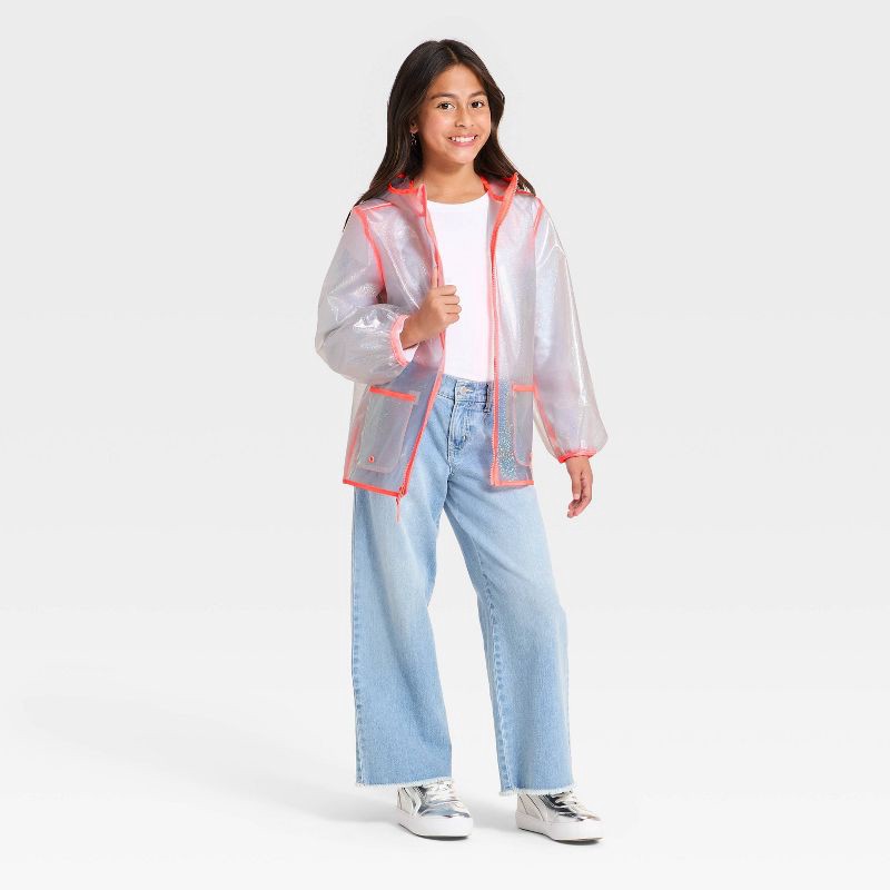 slide 3 of 3, Girls' Puff Sleeve Clear Glitter Rain Jacket - Cat & Jack™ Pink M, 1 ct