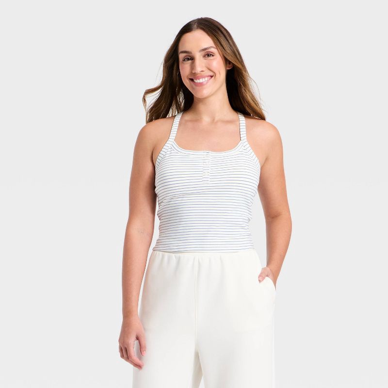 slide 4 of 5, Women's Cotton Balance Cotton Spandex Blend Henley Cropped Support Tank Top - All In Motion™ Cream/Blue S, 1 ct