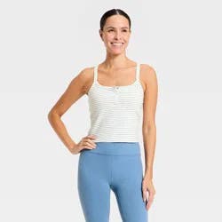 Women's Cotton Balance Cotton Spandex Blend Henley Cropped Support Tank Top - All In Motion™ Cream/Blue S