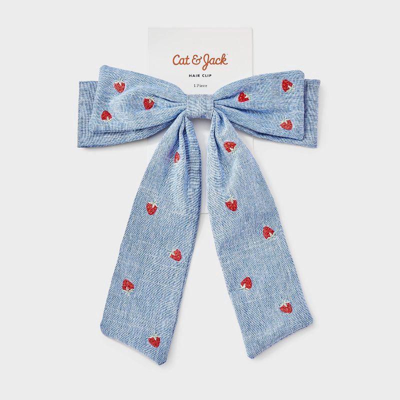 slide 2 of 3, Girls' Chambray Bow with Embroidered Strawberries - Cat & Jack™ Blue, 1 ct