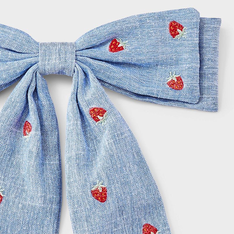 slide 3 of 3, Girls' Chambray Bow with Embroidered Strawberries - Cat & Jack™ Blue, 1 ct