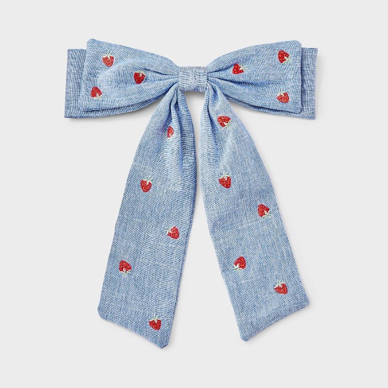 slide 1 of 3, Girls' Chambray Bow with Embroidered Strawberries - Cat & Jack™ Blue, 1 ct